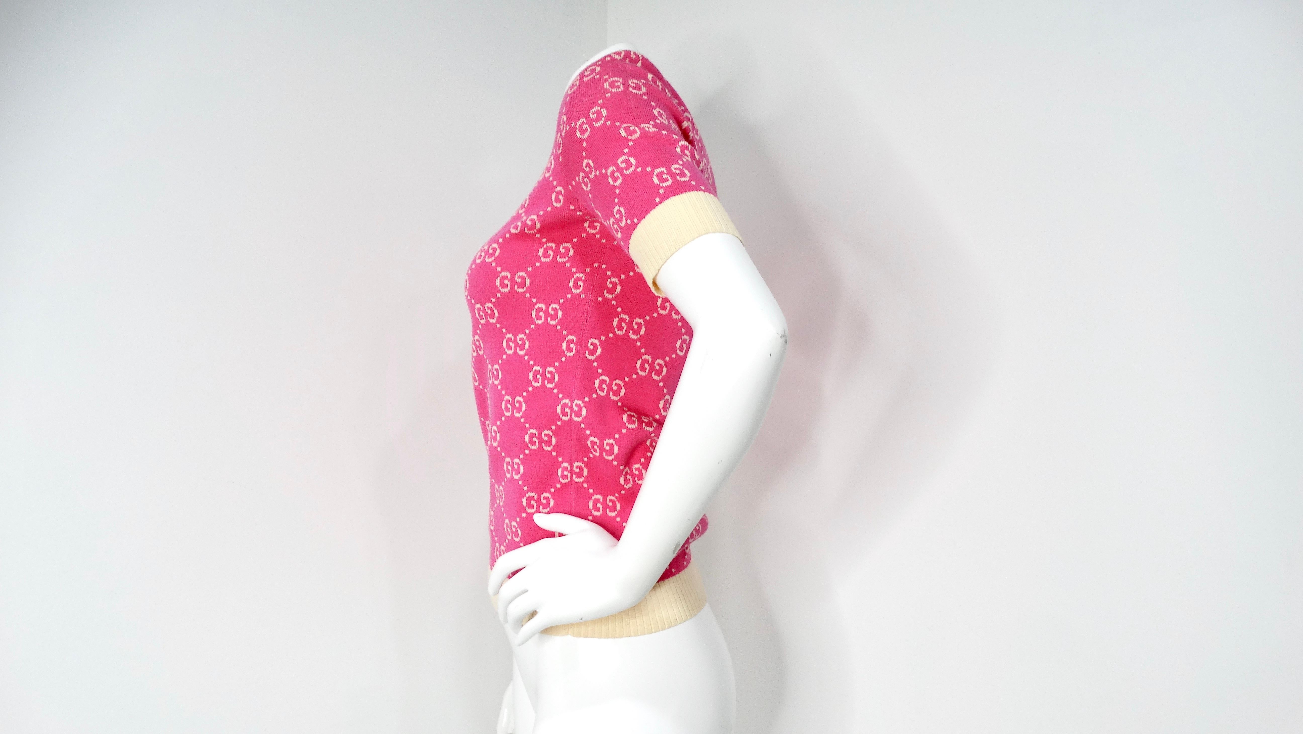 Gucci Pink GG Monogram Logo Cotton Knit Top For Sale 1