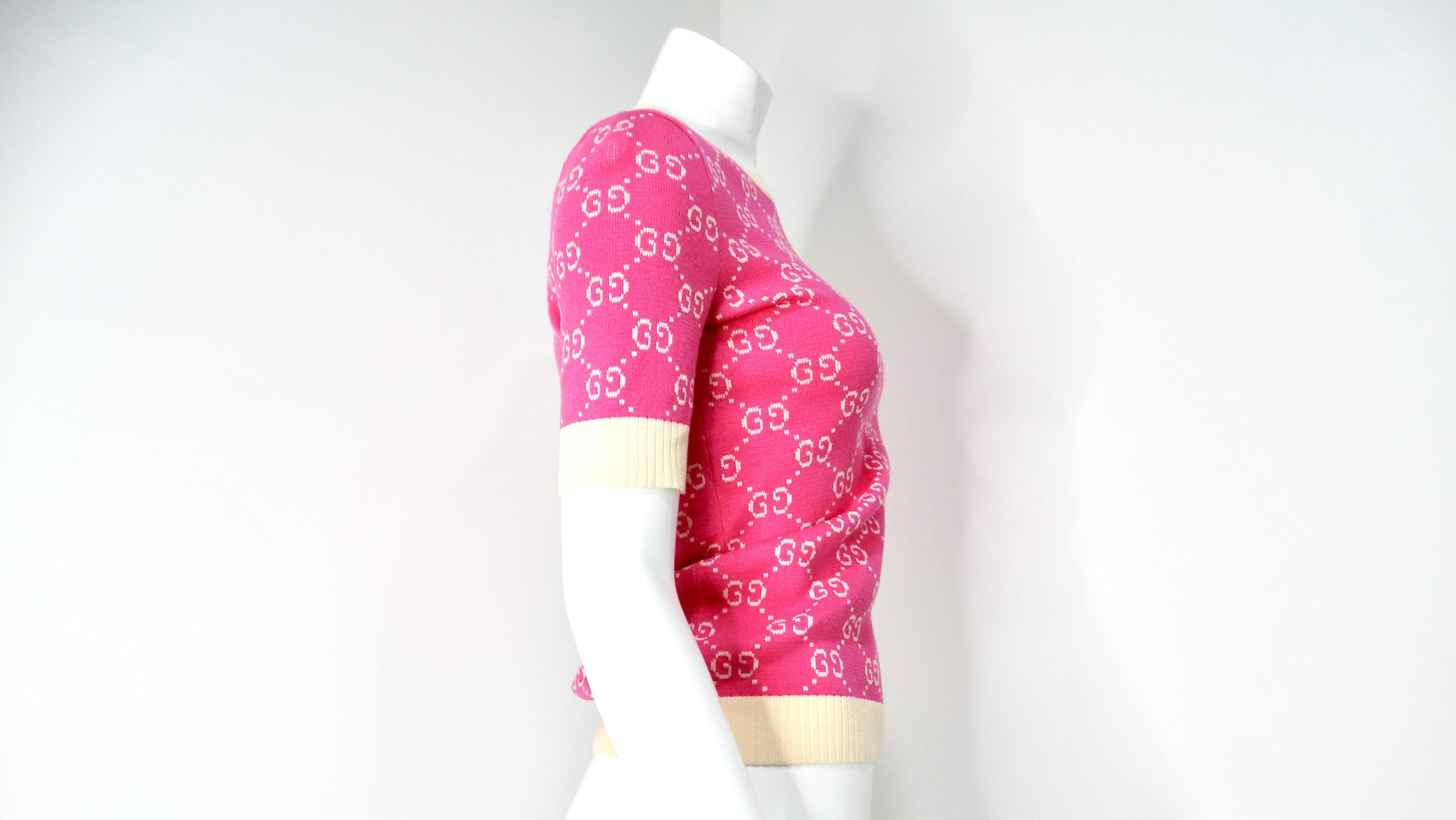 Gucci Pink GG Monogram Logo Cotton Knit Top For Sale 2