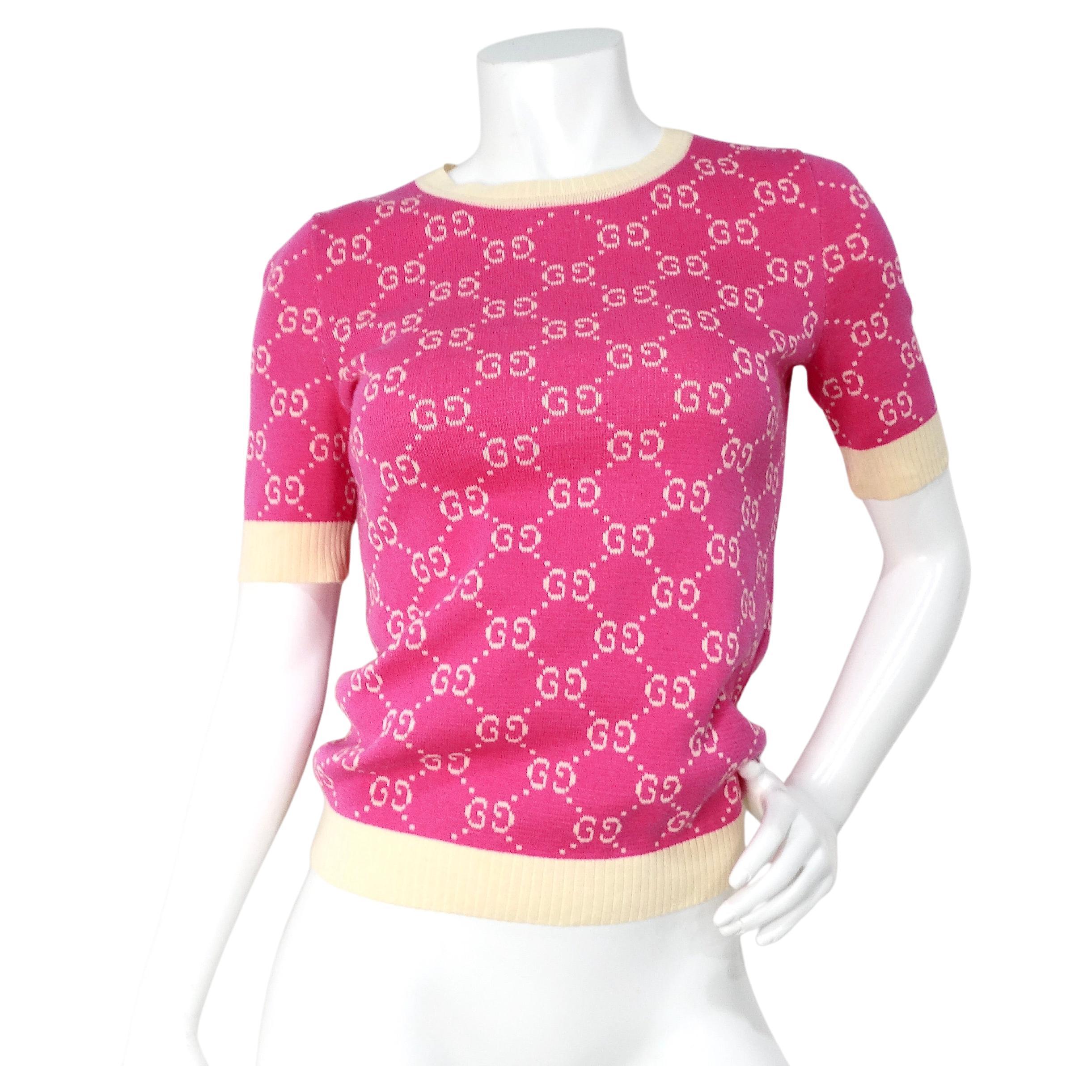 Gucci Pink GG Monogram Logo Cotton Knit Top For Sale