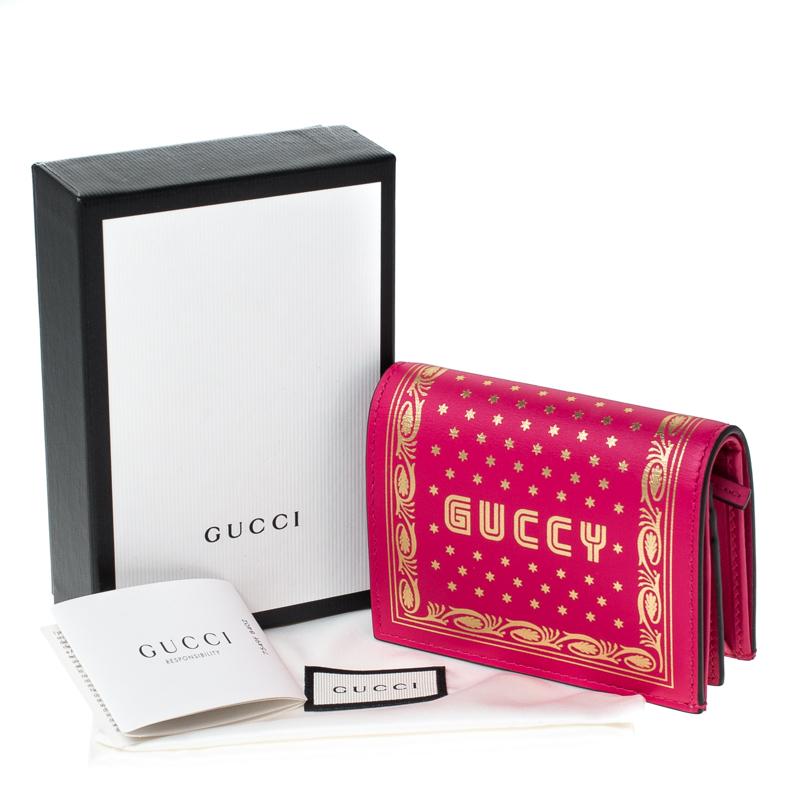 Gucci Pink/Gold Guccy Logo Leather Bifold Compact Wallet 6