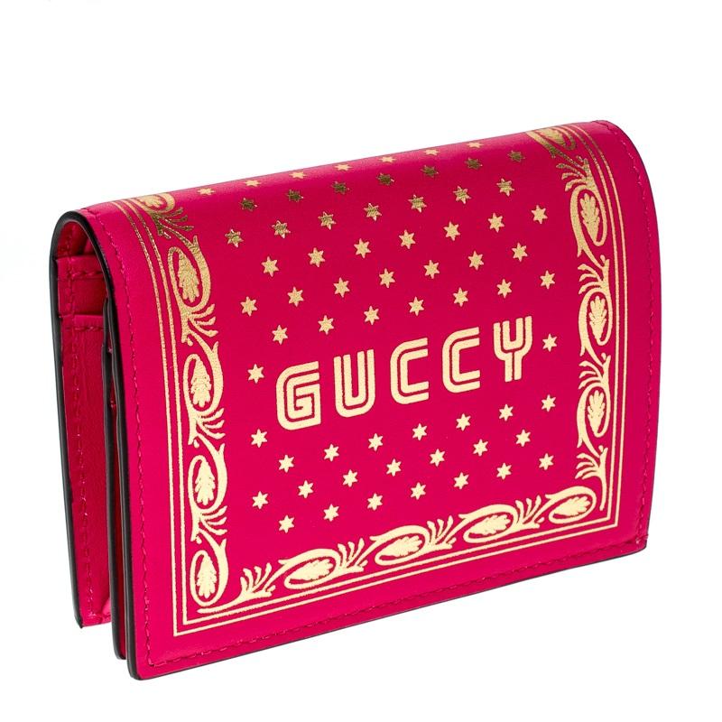 Gucci Pink/Gold Guccy Logo Leather Bifold Compact Wallet 1