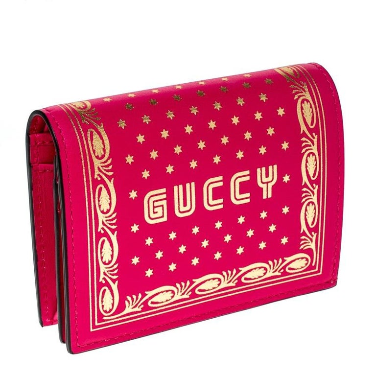 Gucci Pink/Gold Guccy Logo Leather Bifold Compact Wallet For Sale at 1stdibs