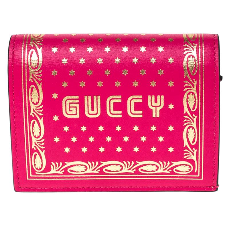 Gucci Pink/Gold Guccy Logo Leather Bifold Compact Wallet