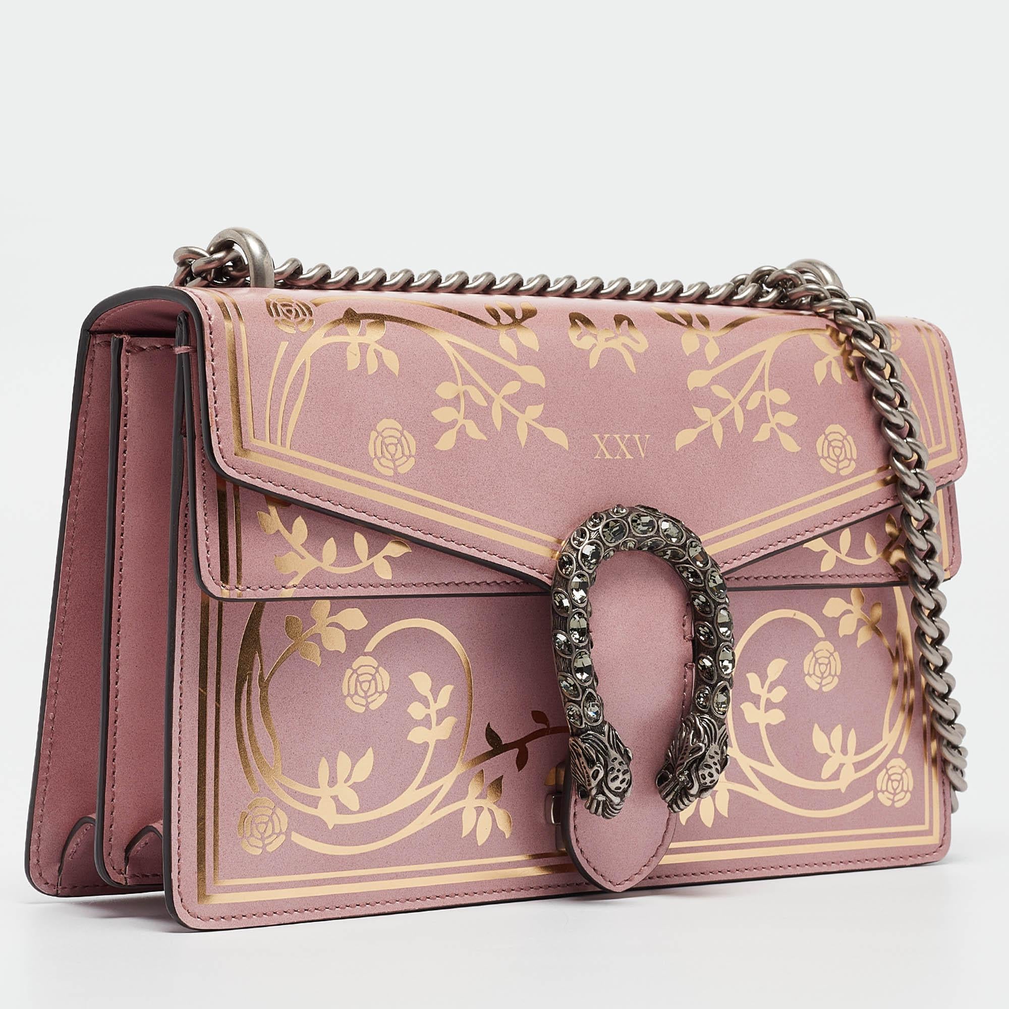 Gucci Pink/Gold Leather Small Garden Dionysus Shoulder Bag In Fair Condition In Dubai, Al Qouz 2
