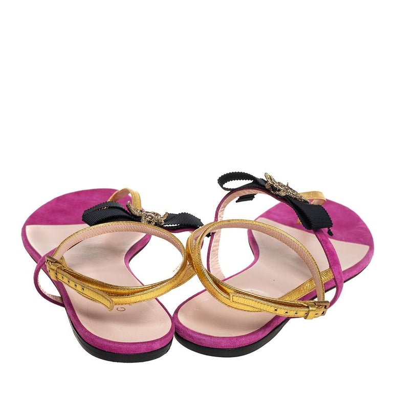 Gucci Pink/Gold Suede And Leather Moody Bow Flat Thong Sandals Size 37 at  1stDibs
