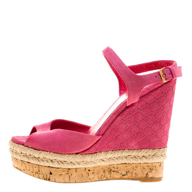 Gucci Pink Guccissima Suede Cork Wedge Sandals Size 36 2