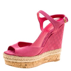 Gucci Pink Guccissima Suede Cork Wedge Sandals Size 36