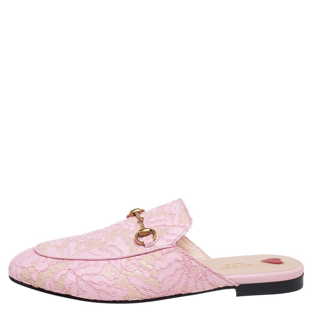 These Gucci Princetown mules are a fresh update on the perennially chic Gucci loafers. They are enhanced by the signature Horsebit hardware motifs that have defined the Gucci collection since the very beginning. Featuring a leather and lace body and