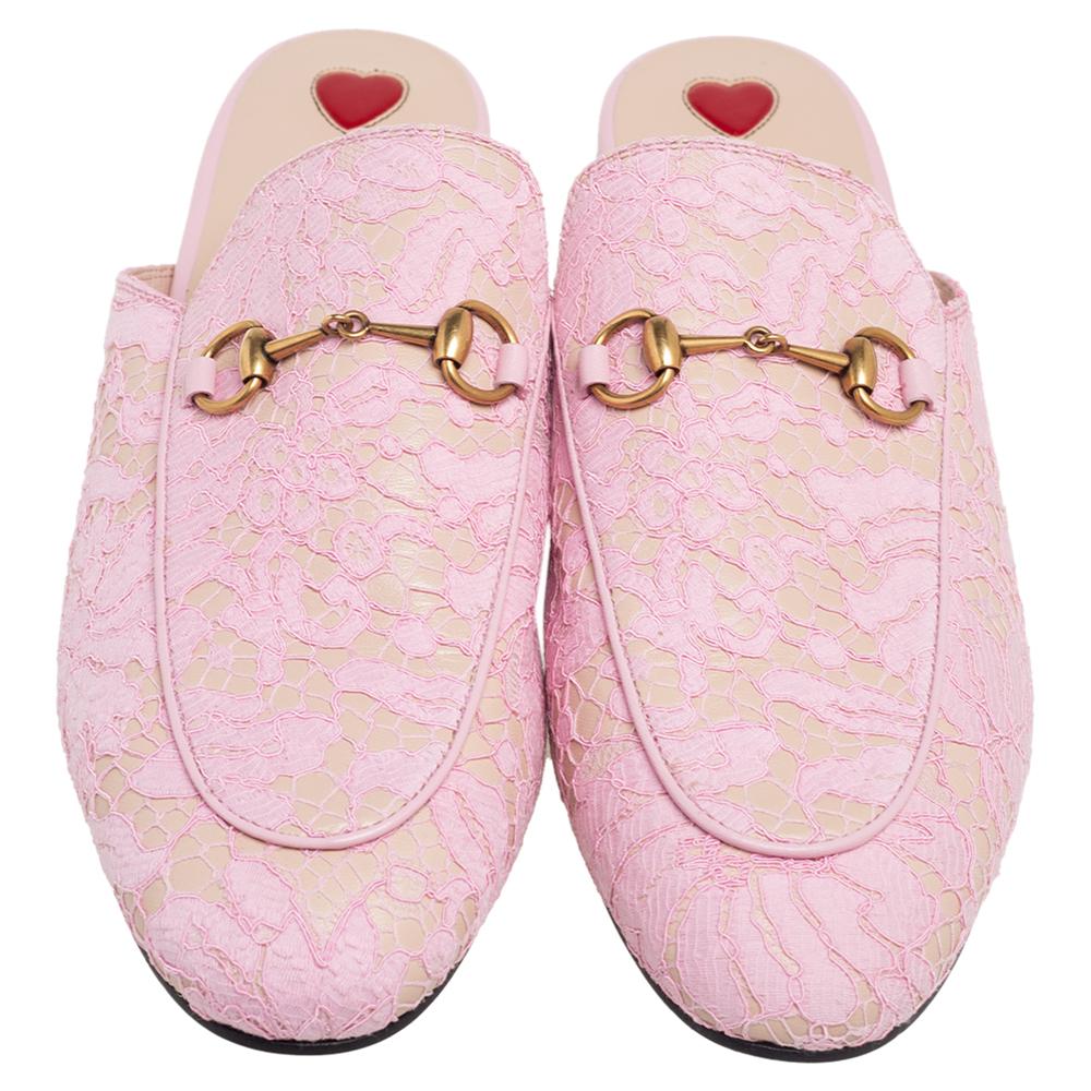 Beige Gucci Pink Lace And Leather Princetown Horsebit Mules Size 40