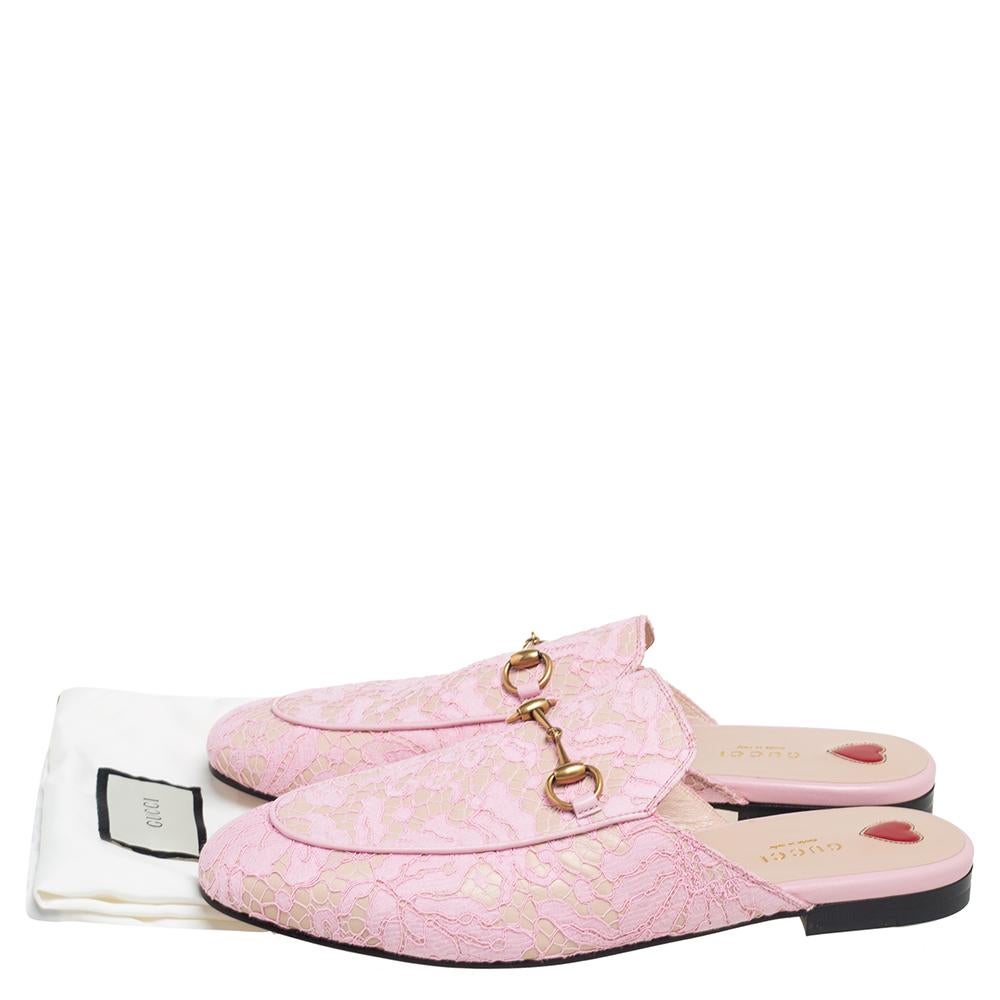 Gucci Pink Lace And Leather Princetown Horsebit Mules Size 40 1