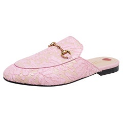 Used Gucci Pink Lace And Leather Princetown Horsebit Mules Size 40