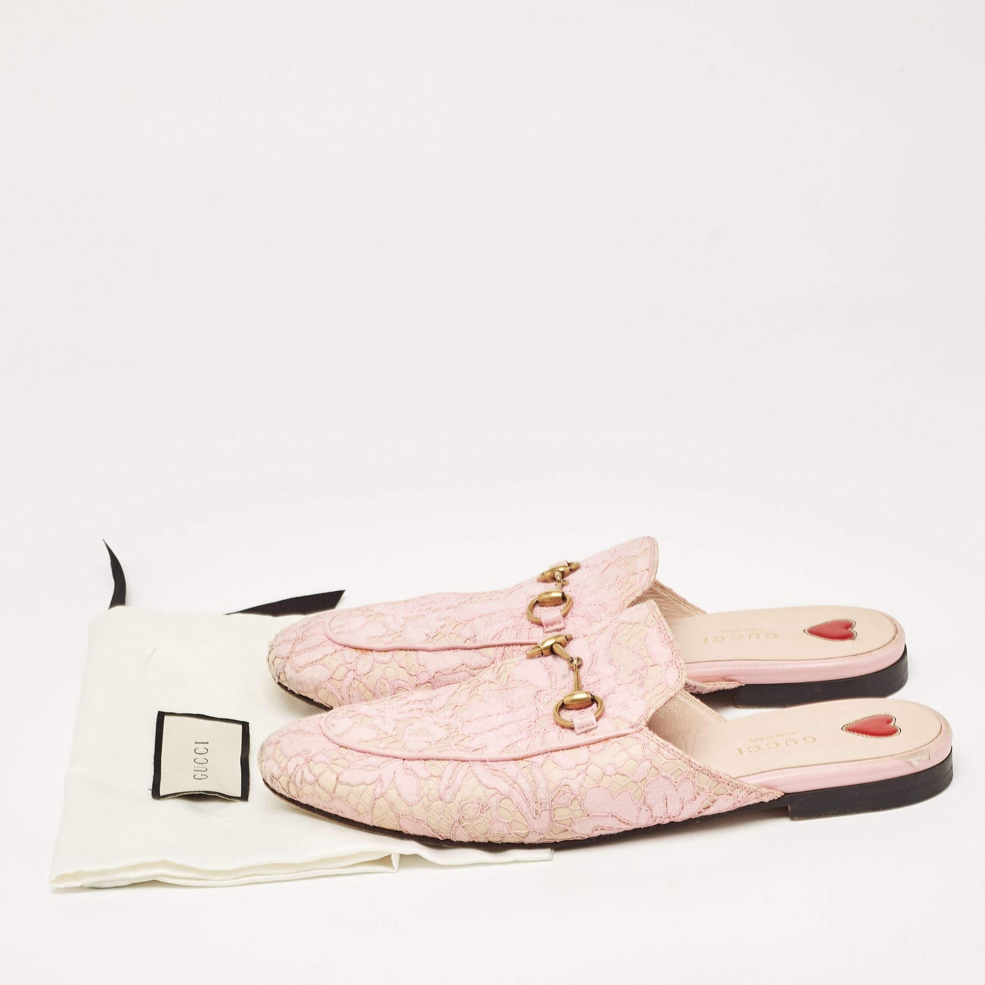 Gucci Pink Lace and Mesh Princetown Mules Size 38.5 For Sale 3