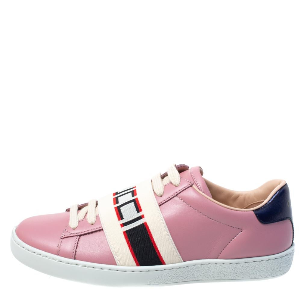 Gray Gucci Pink Leather Ace Gucci Stripe Low Top Sneakers Size 35