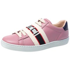 Gucci Pink Leather Ace Gucci Stripe Low Top Sneakers Size 35