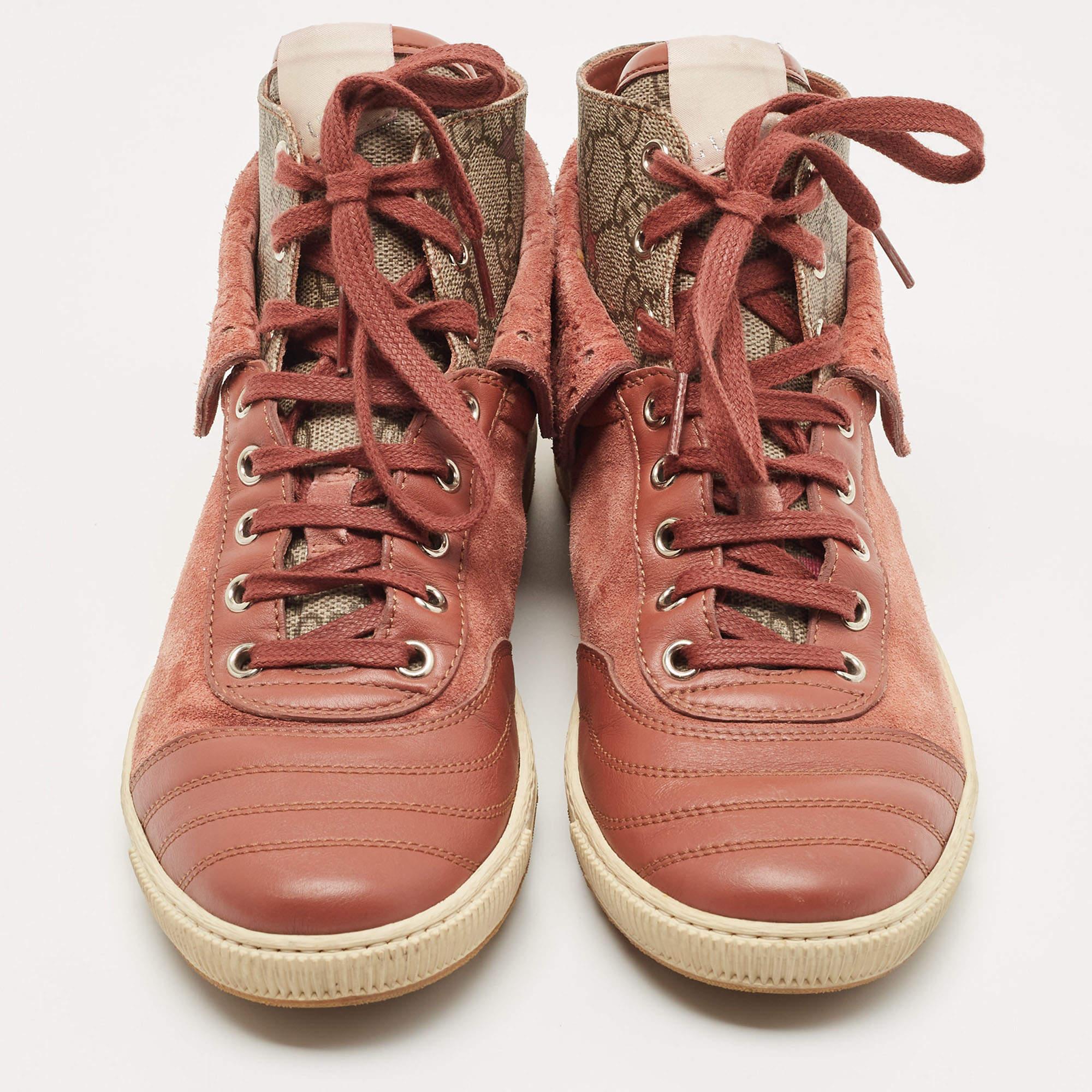 Gucci Pink Leather and Suede High Top Sneakers Size 38 In Good Condition For Sale In Dubai, Al Qouz 2