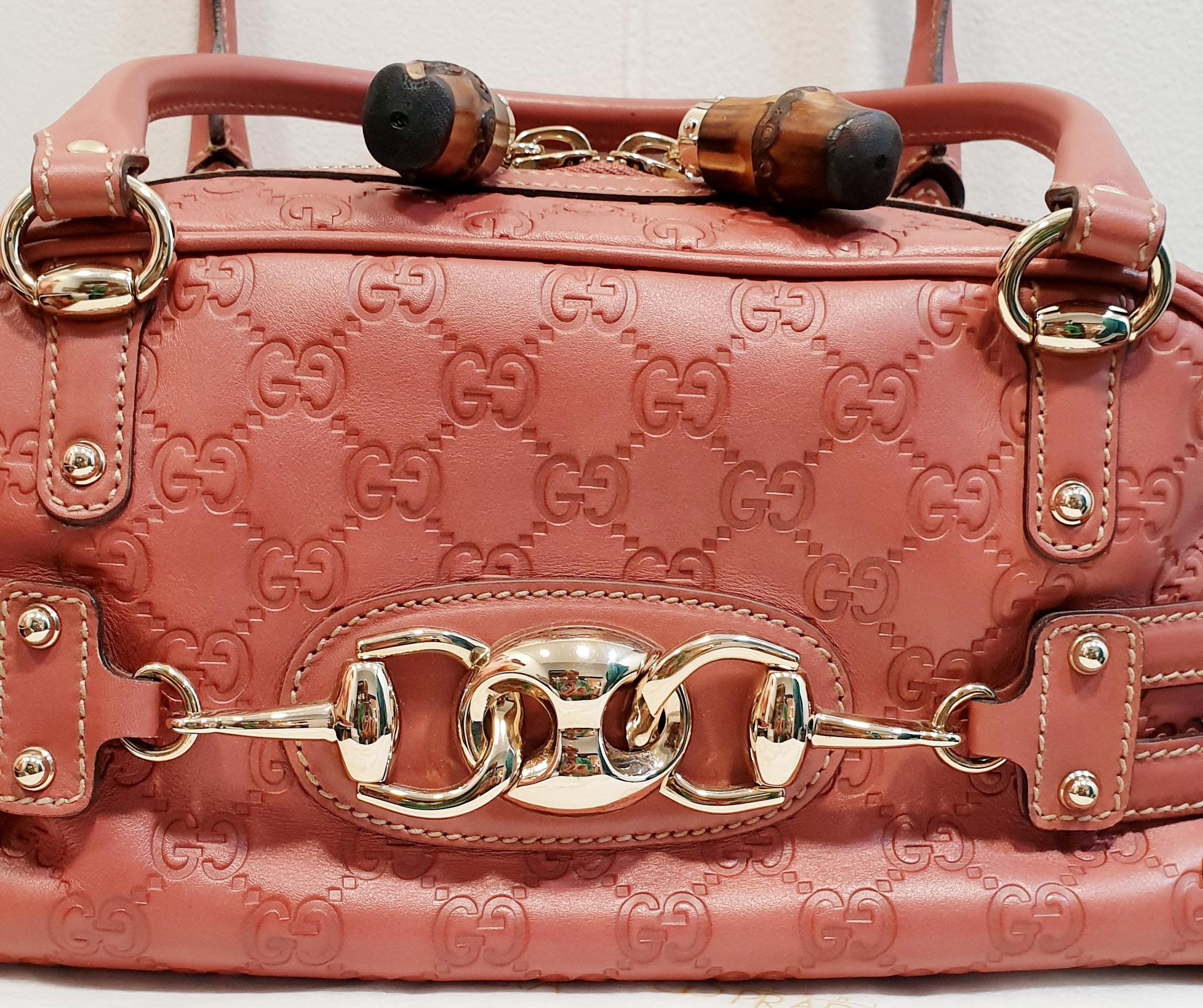 Women's Gucci Pink Leather Bag With Bamboo Closure and big golden horsebit  logo