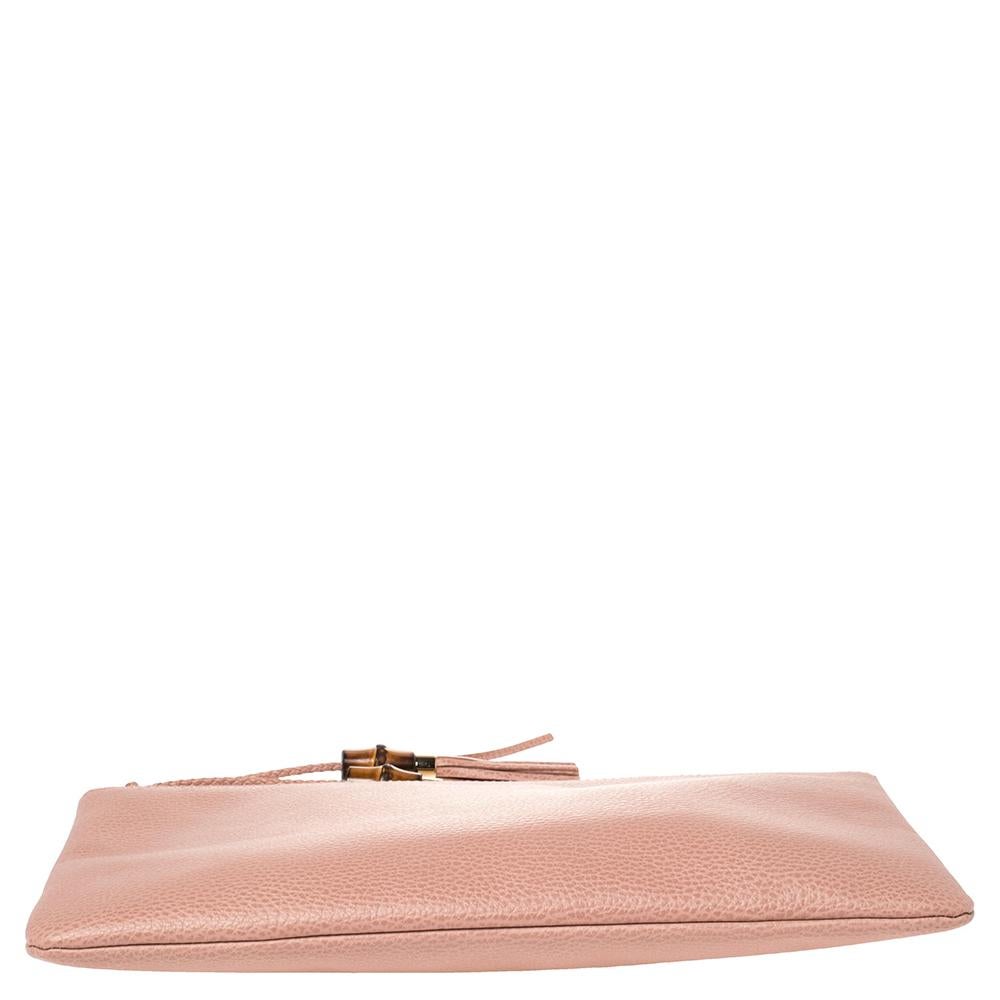 Beige Gucci Pink Leather Bamboo Braided Tassel Zip Clutch