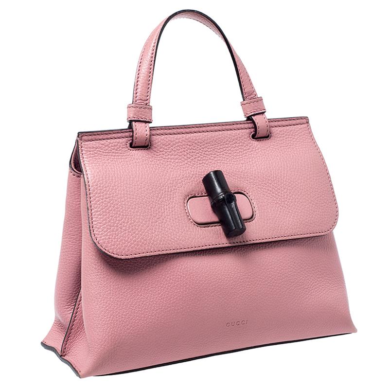 Beige Gucci Pink Leather Bamboo Daily Top Handle Bag