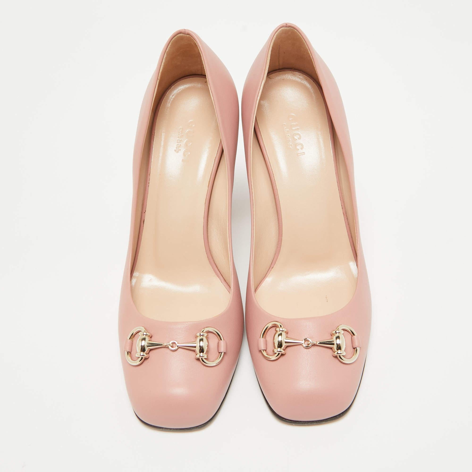 Beige Gucci Pink Leather Block Heel Pumps Size 37