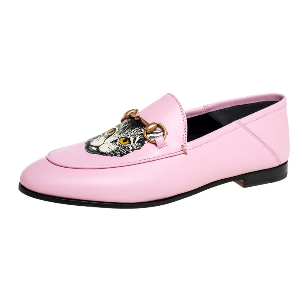 Gucci Pink Leather Brixton Cat Loafers Size 37