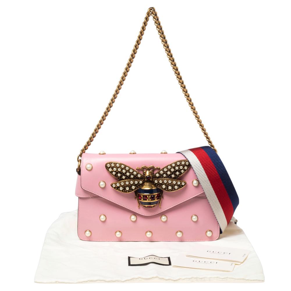 Gucci Pink Leather Broadway Pearly Bee Shoulder Bag 4