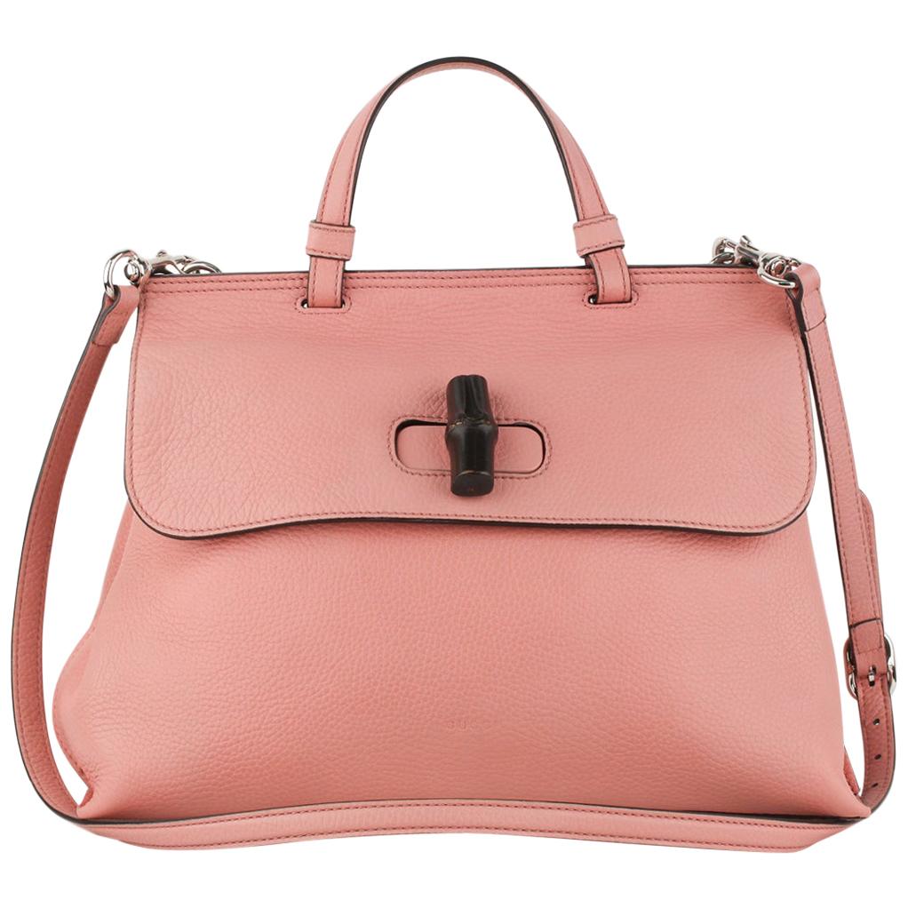 Gucci Pink Leather Daily Bamboo Satchel Top Handle Bag