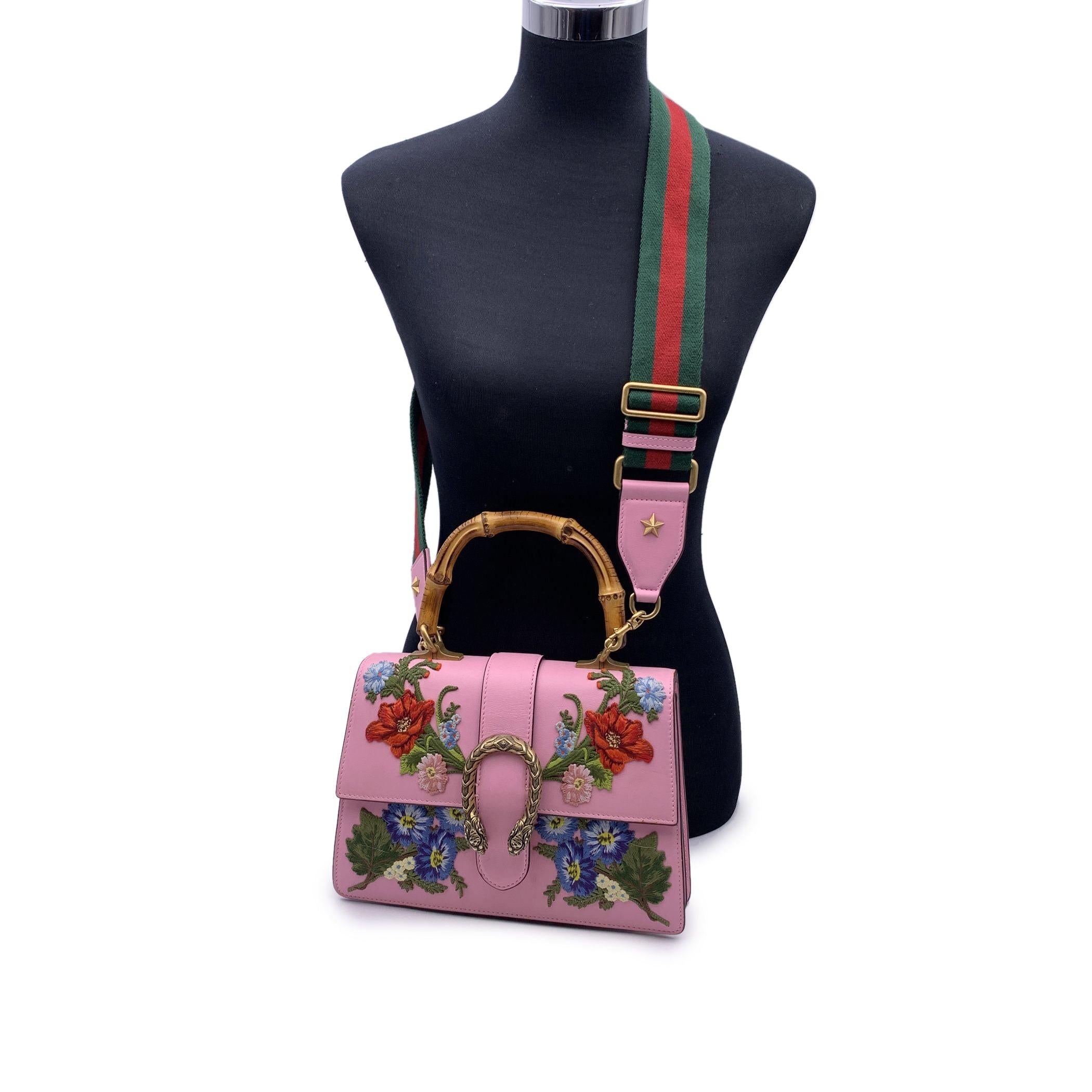 This beautiful Bag will come with a Certificate of Authenticity provided by Entrupy. The certificate will be provided at no further cost Beautiful Gucci Dionysus Bamboo Medium box shoulder bag. Crafted in pink leather with floral embroidered