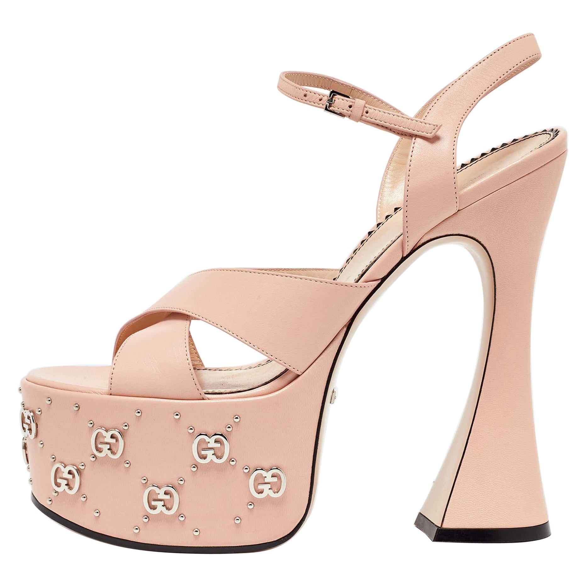 Gucci Pink Leather GG Stud Malaga Platform Sandals Size 39.5