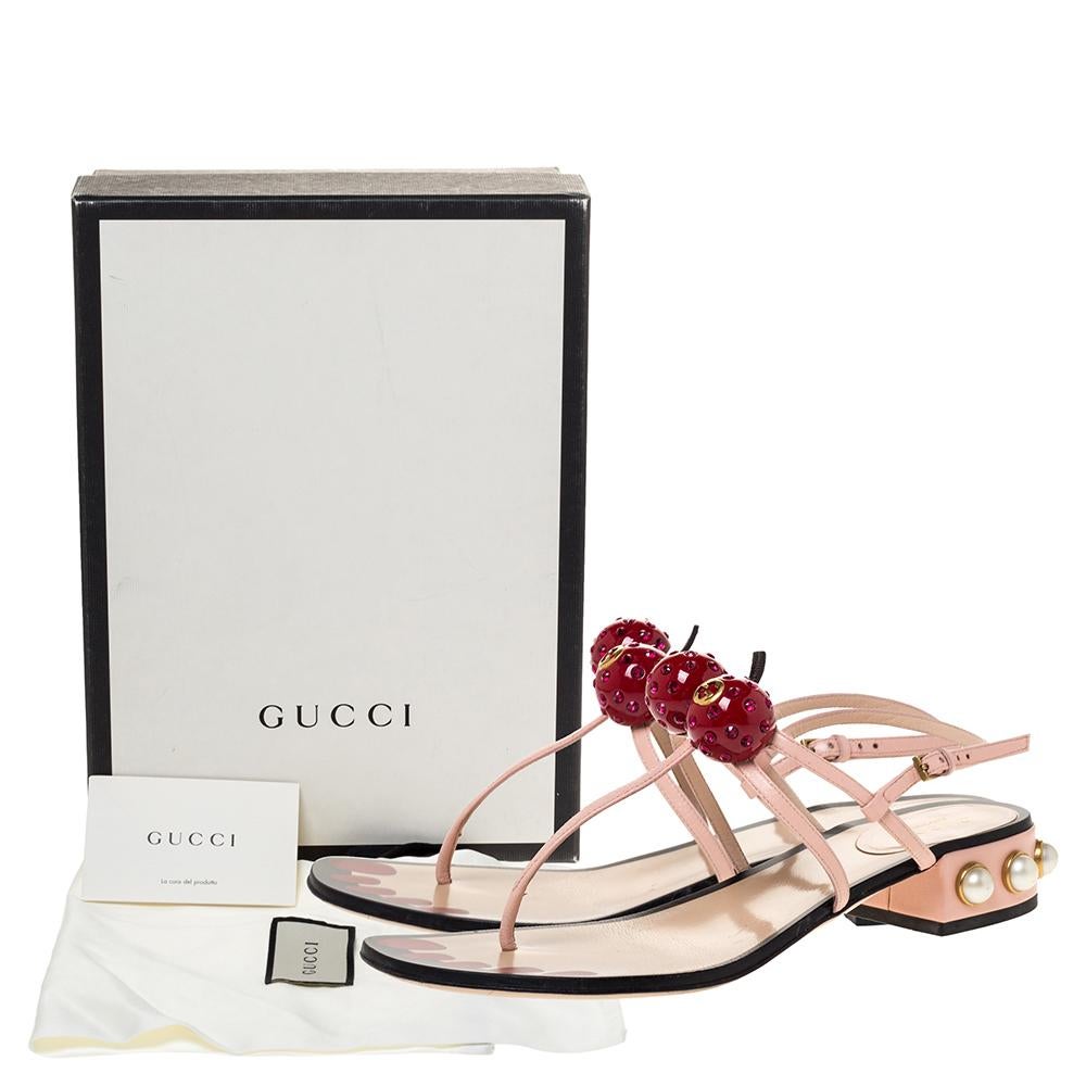 Women's Gucci Pink Leather Hatsumomo Cherry Thong Sandals Size 38