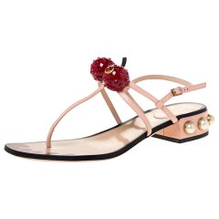 Used Gucci Pink Leather Hatsumomo Cherry Thong Sandals Size 38