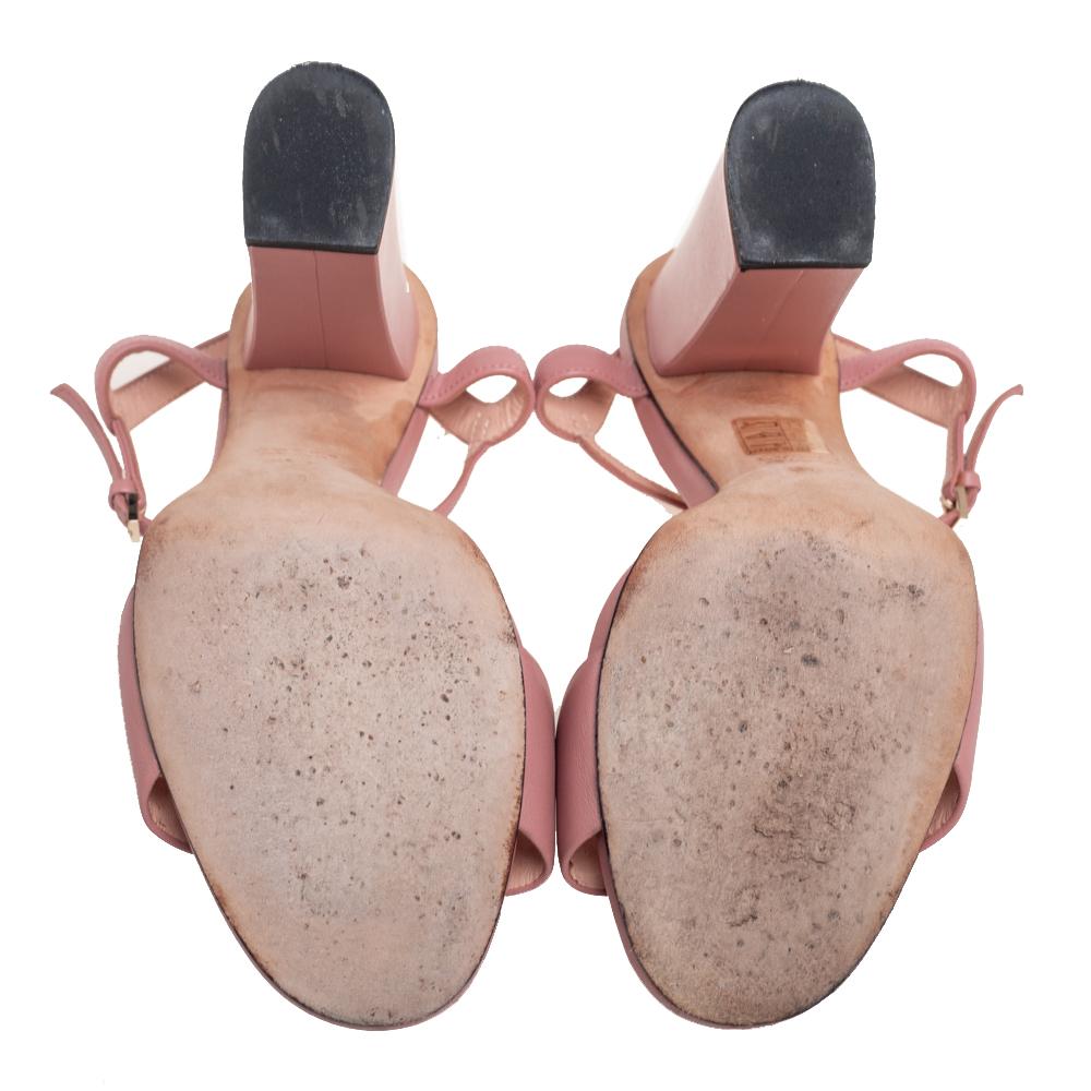 Beige Gucci Pink Leather Horsebit Ankle Strap Platform Sandals Size 38.5