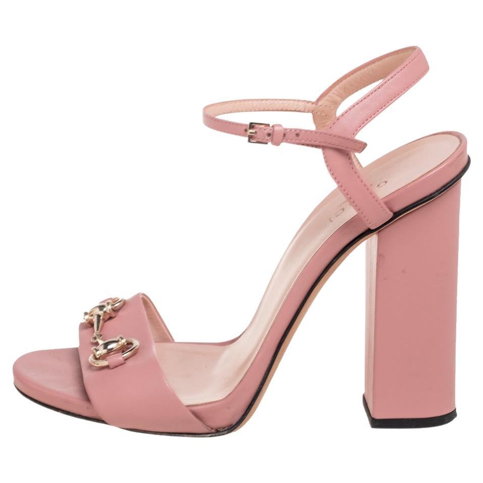 Gucci Pink Leather Horsebit Ankle Strap Platform Sandals Size 38.5