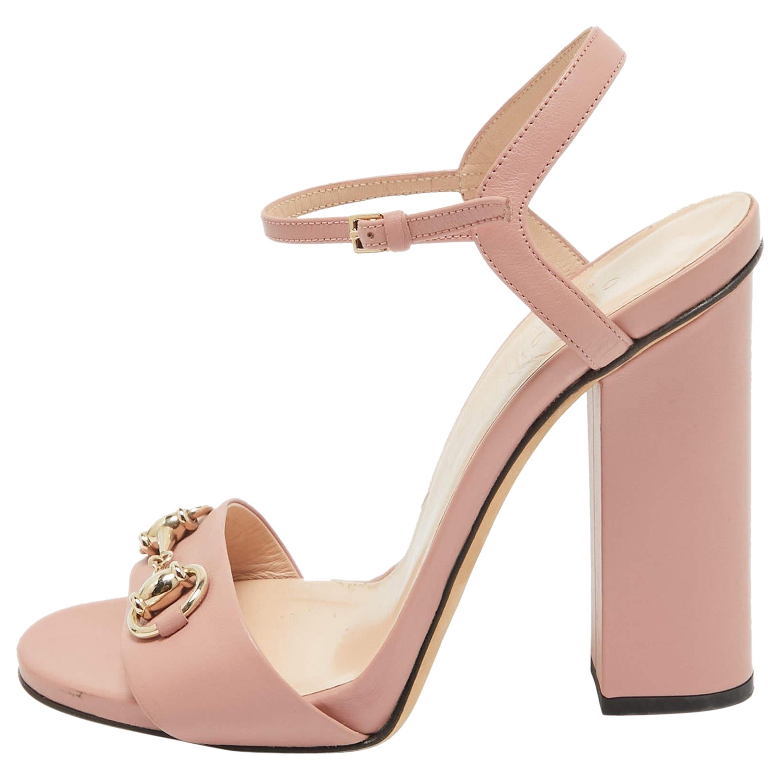 Gucci Pink Leather Horsebit Ankle Strap Sandals Size 37