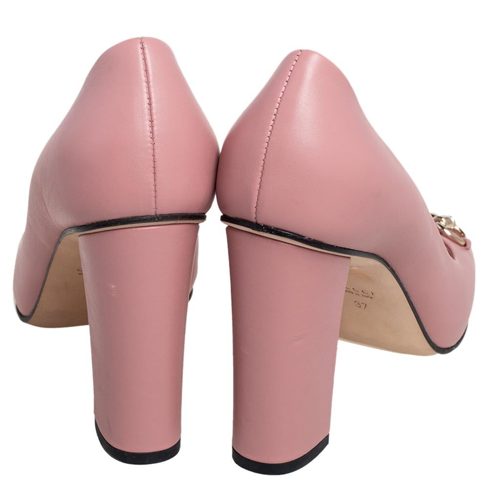 Brown Gucci Pink Leather Horsebit Block Heel Pumps Size 37