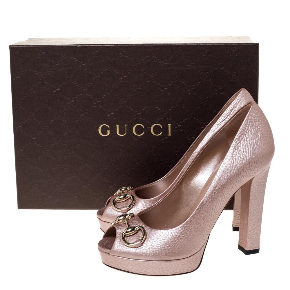 Gucci Pink Leather Horsebit Peep Toe Platform Pumps Size 36 3