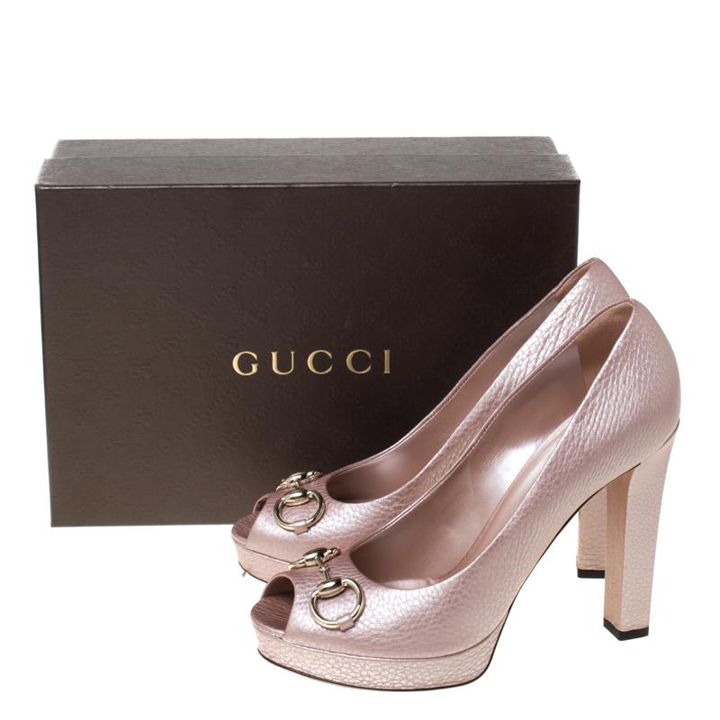 Gucci Pink Leather Horsebit Peep Toe Platform Pumps Size 40 3