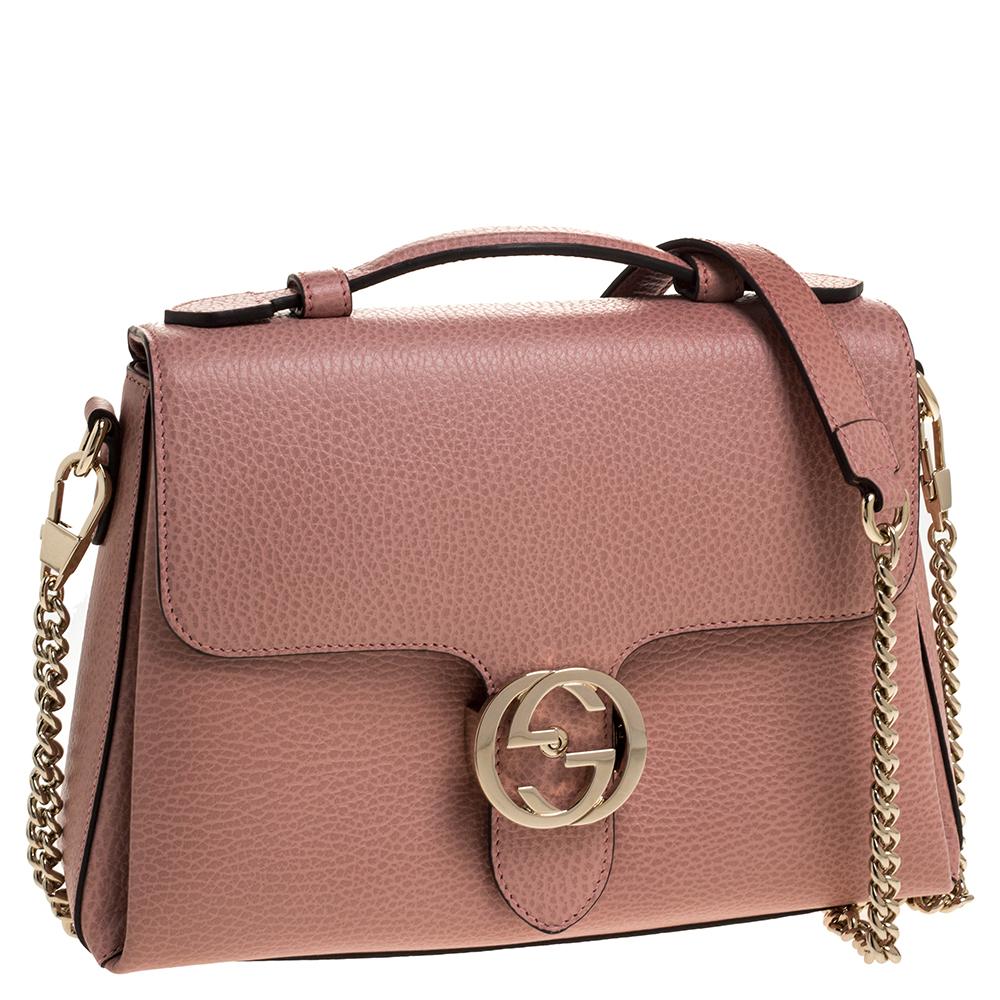 Brown Gucci Pink Leather Interlocking GG Top Handle Bag