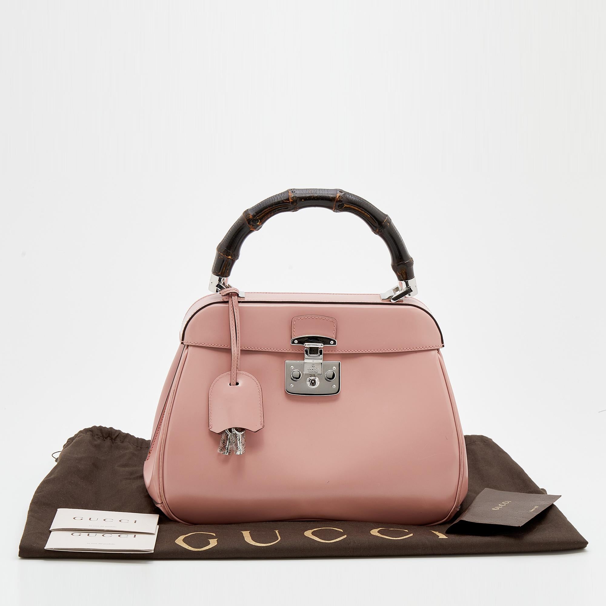 Gucci Pink Leather Lady Lock Bamboo Top Handle Bag 5