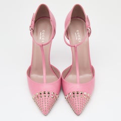 Gucci Pink Leather Malaga Studded T Strap Pumps Size 38.5