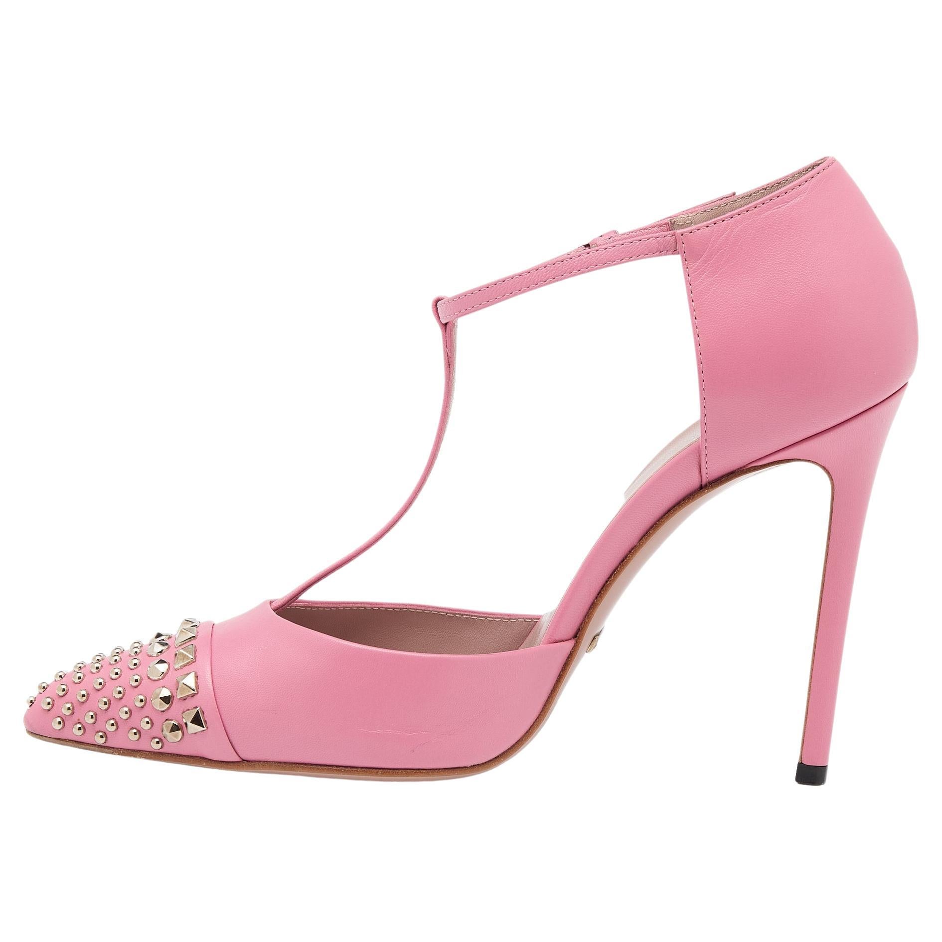 Gucci Pink Leather Malaga Studded T Strap Pumps Size 38.5