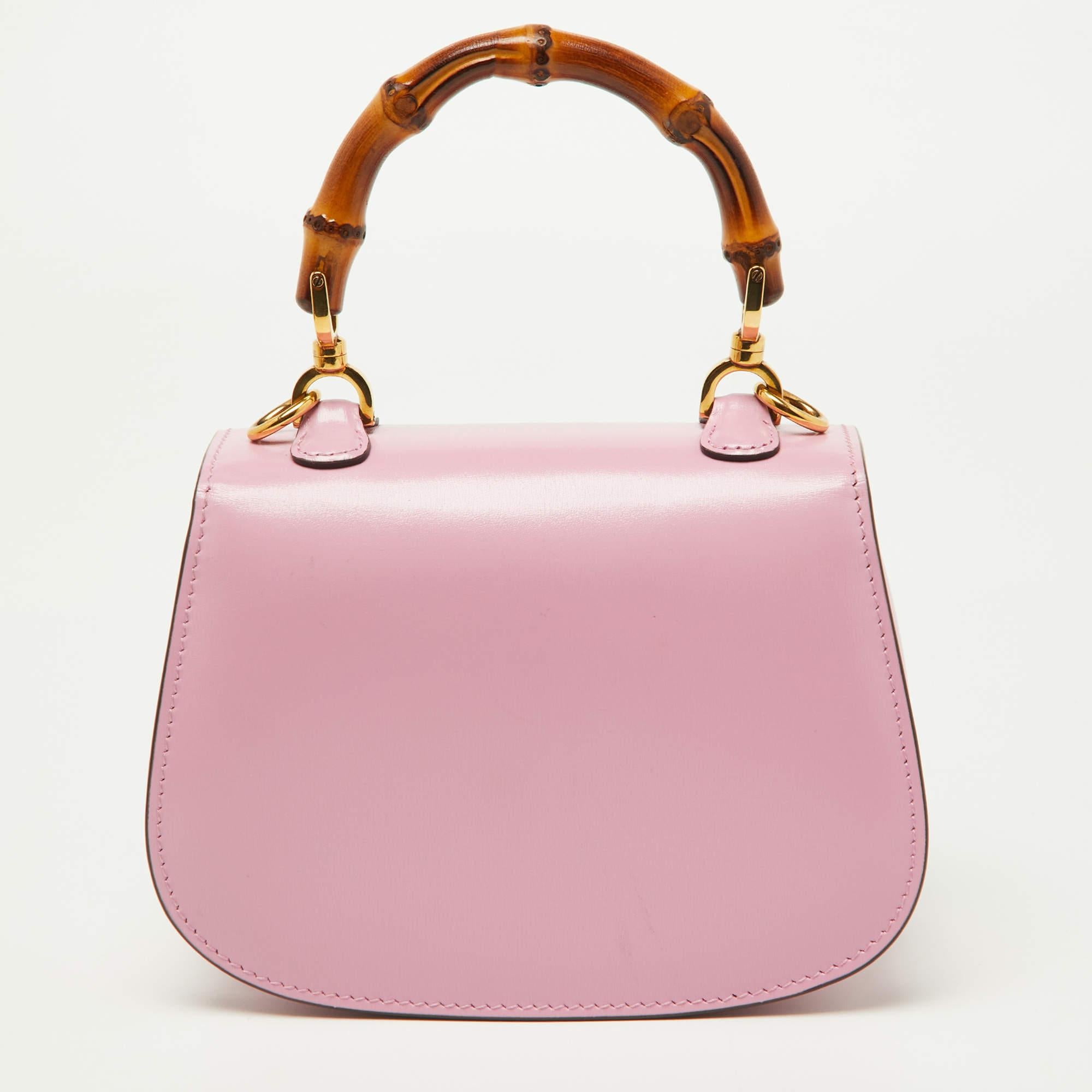 Gucci Pink Leather Mini 1947 Bamboo Top Handle Bag In Excellent Condition In Dubai, Al Qouz 2