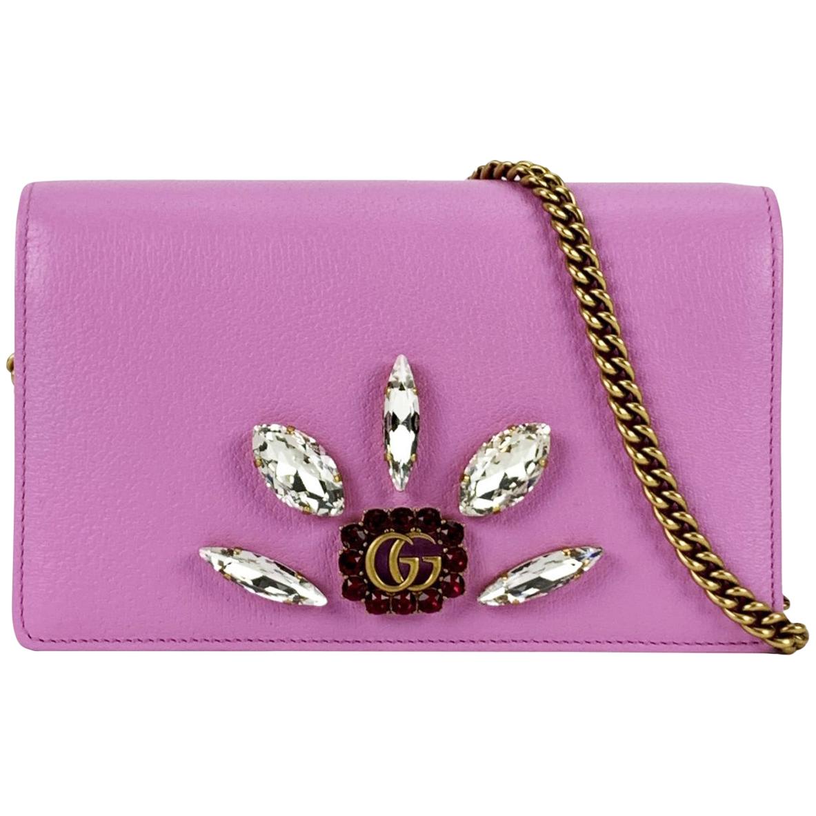 Gucci Pink Leather Mini Double G Crystals WOC Wallet on Chain