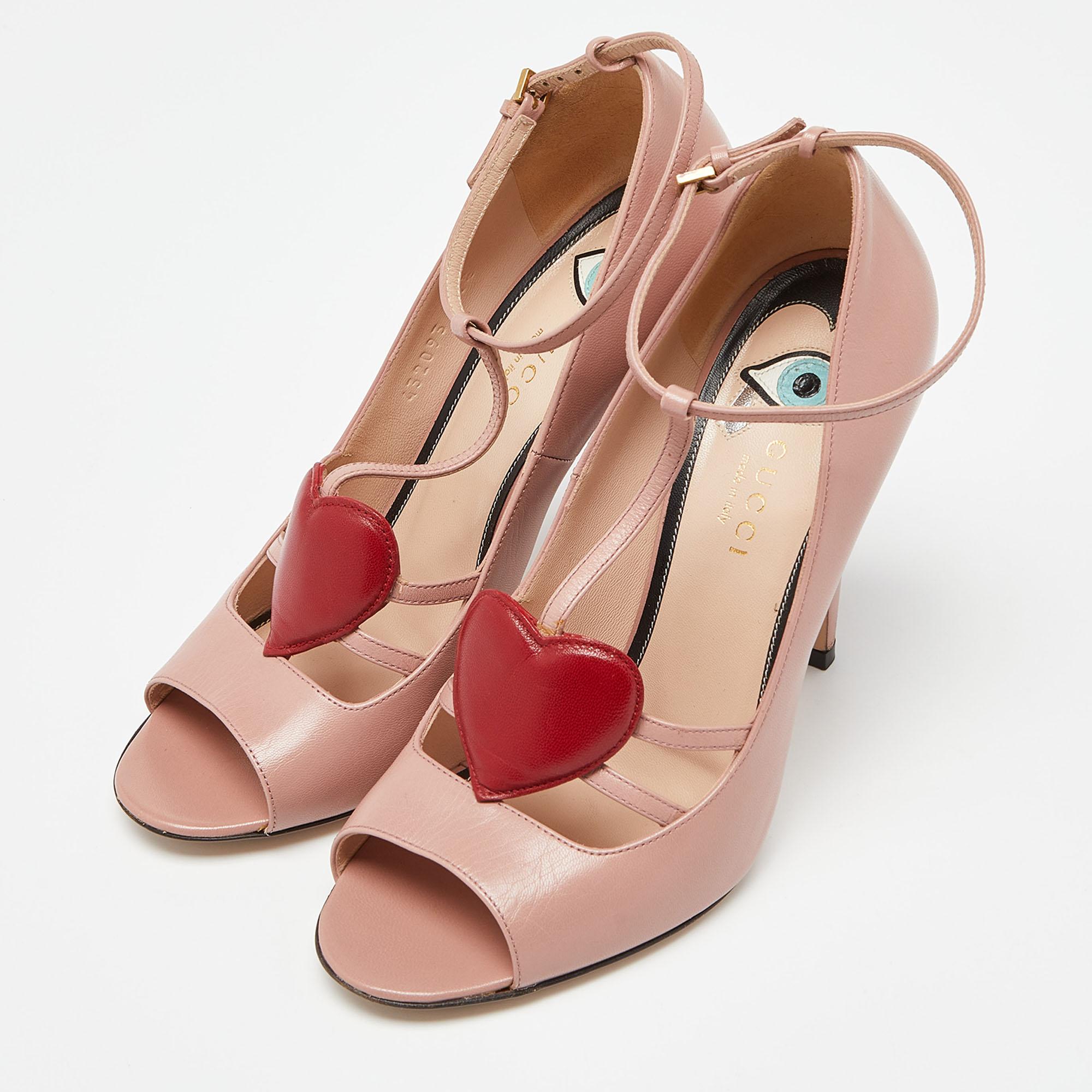 Gucci Pink Leather Molina Crystal Heart T-Strap Pumps Size 37.5 For Sale 1