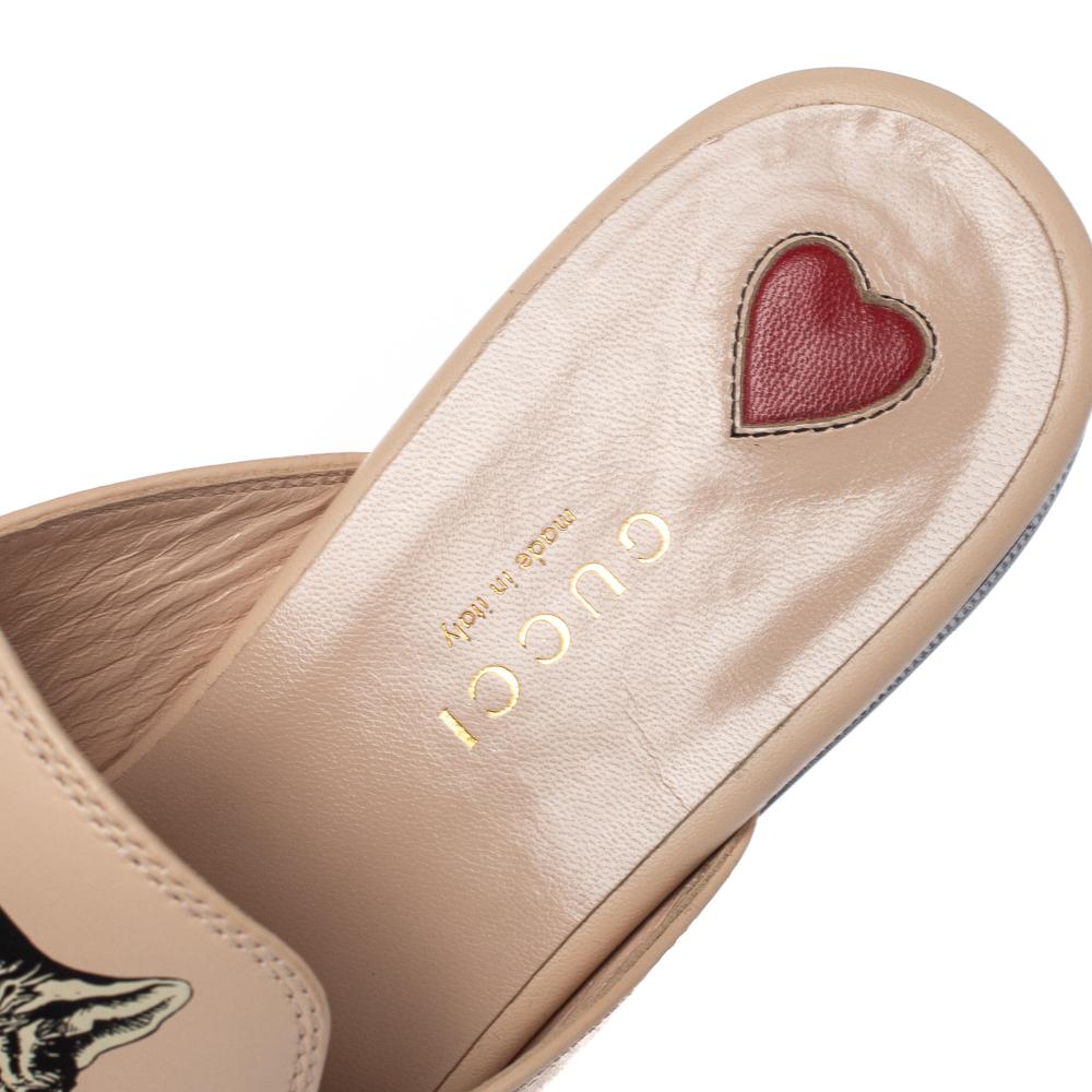 Beige Gucci Pink Leather Mystic Cat Princetown Mules Size 37