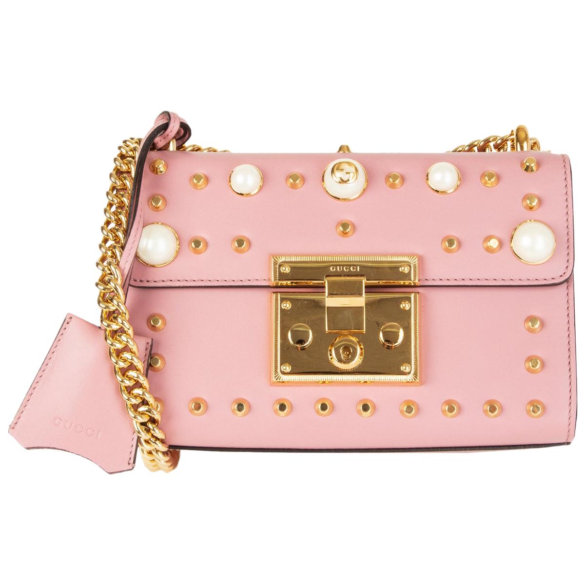 GUCCI pink leather PADLOCK SMALL PEARL STUDDED Shoulder Bag