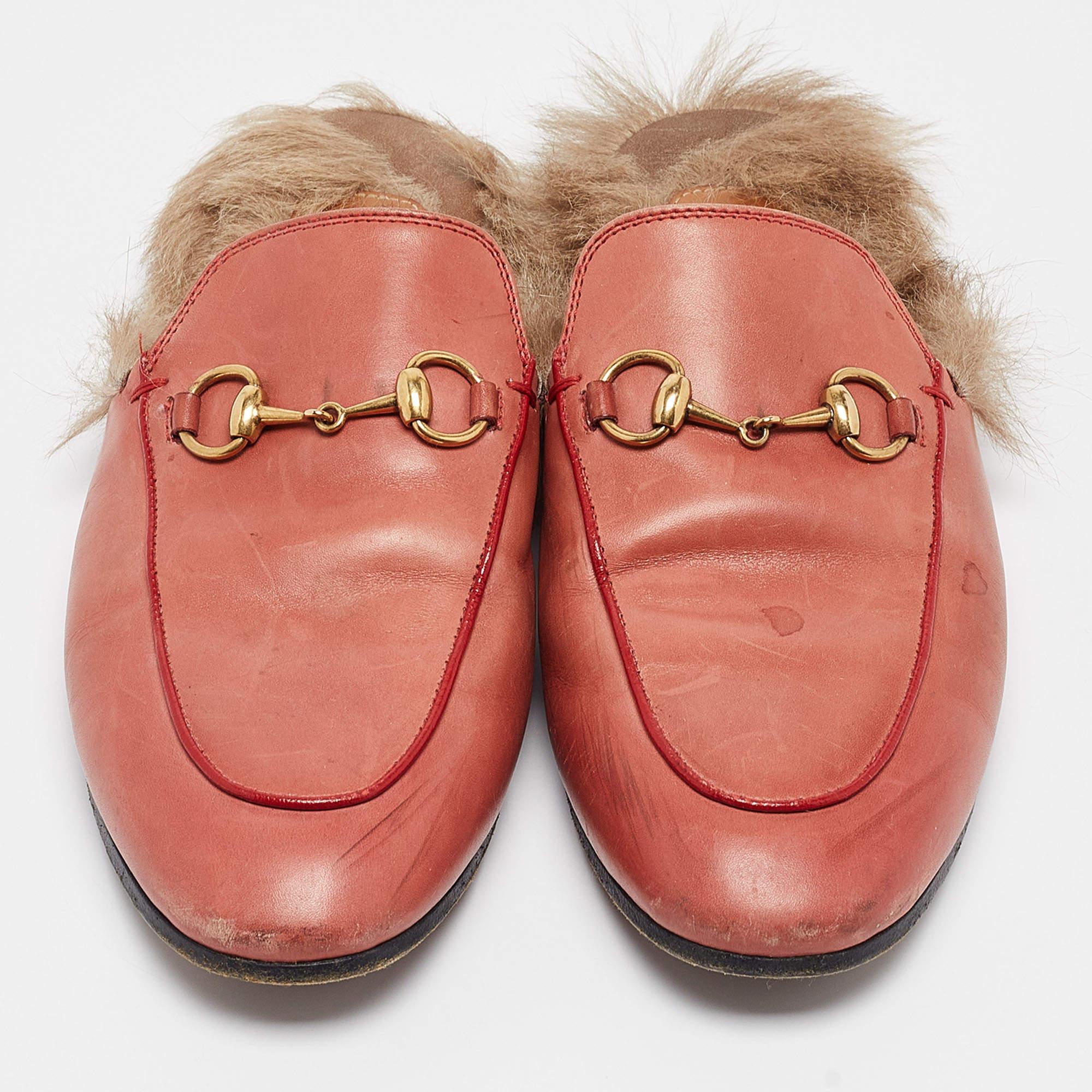 Brown Gucci Pink Leather Princetown Flat Mules Size 37