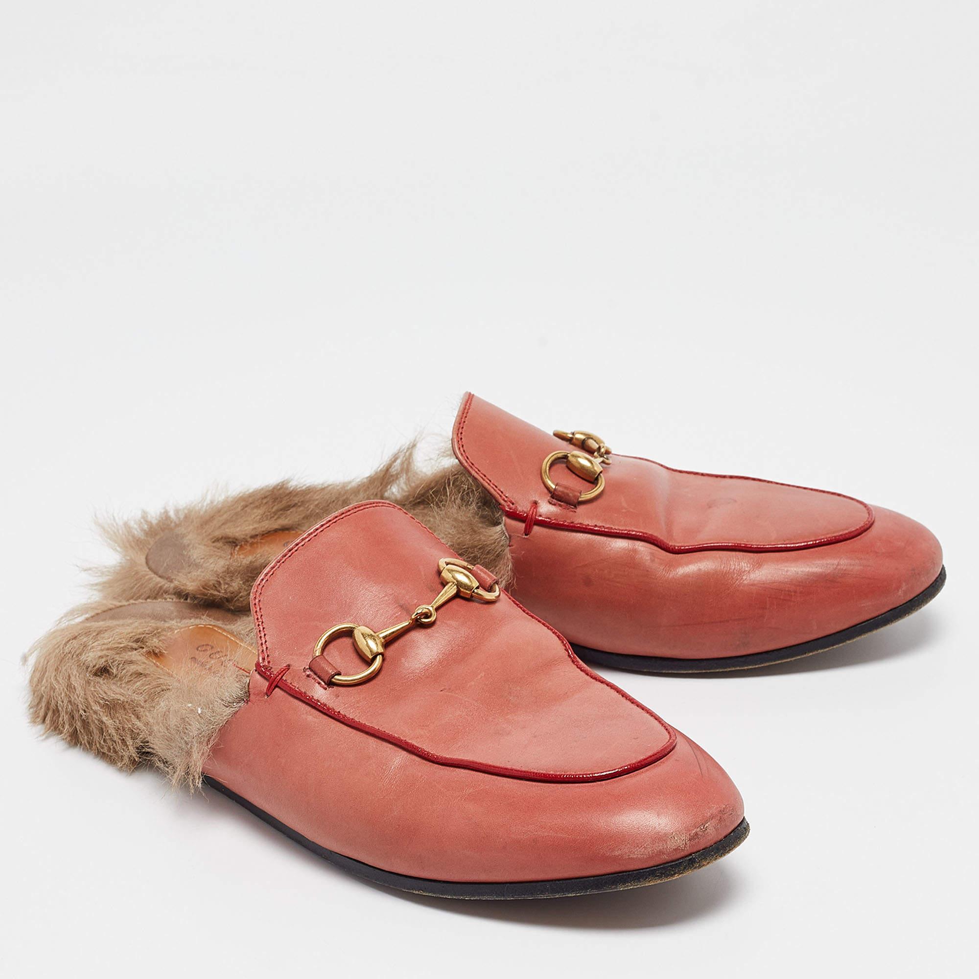 Gucci Pink Leather Princetown Flat Mules Size 37 In Fair Condition In Dubai, Al Qouz 2