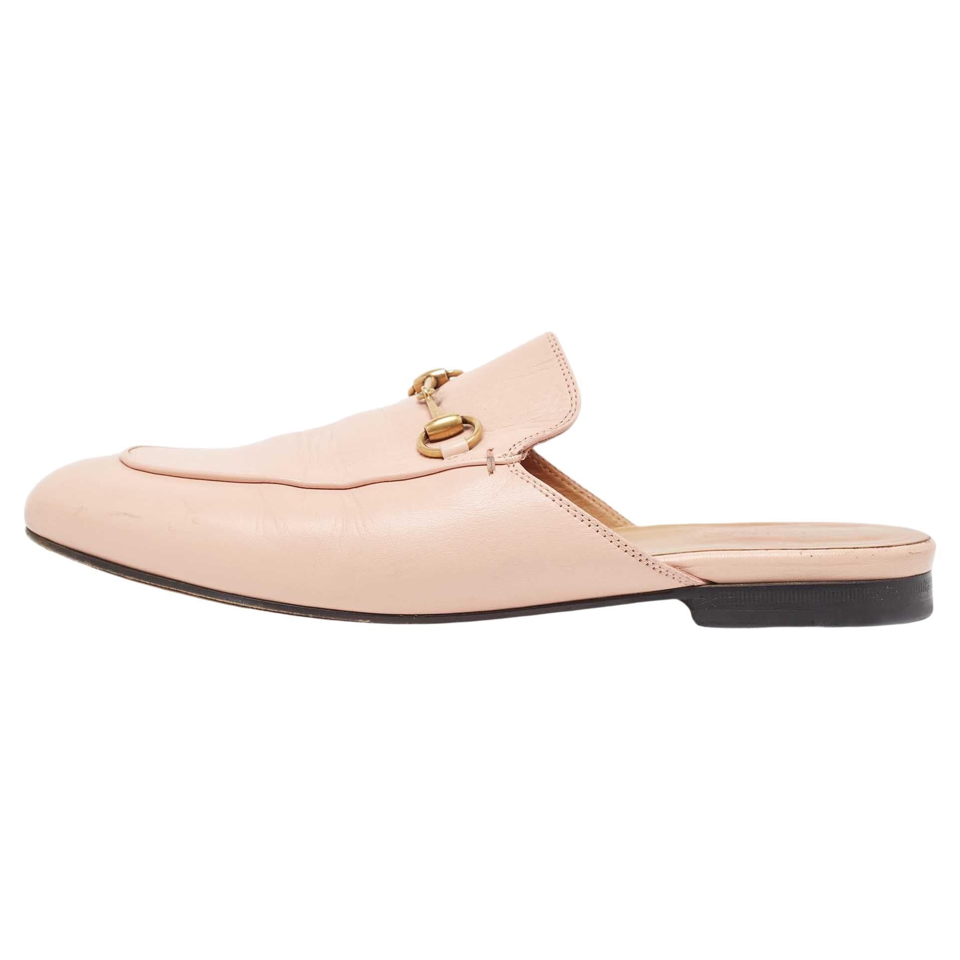 Gucci Pink Leather Princetown Flat Mules Size 39 For Sale
