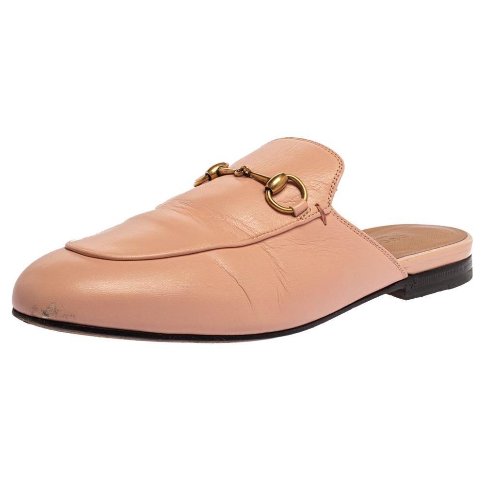 Gucci Pink Leather Princetown Horsebit Mules Size 38