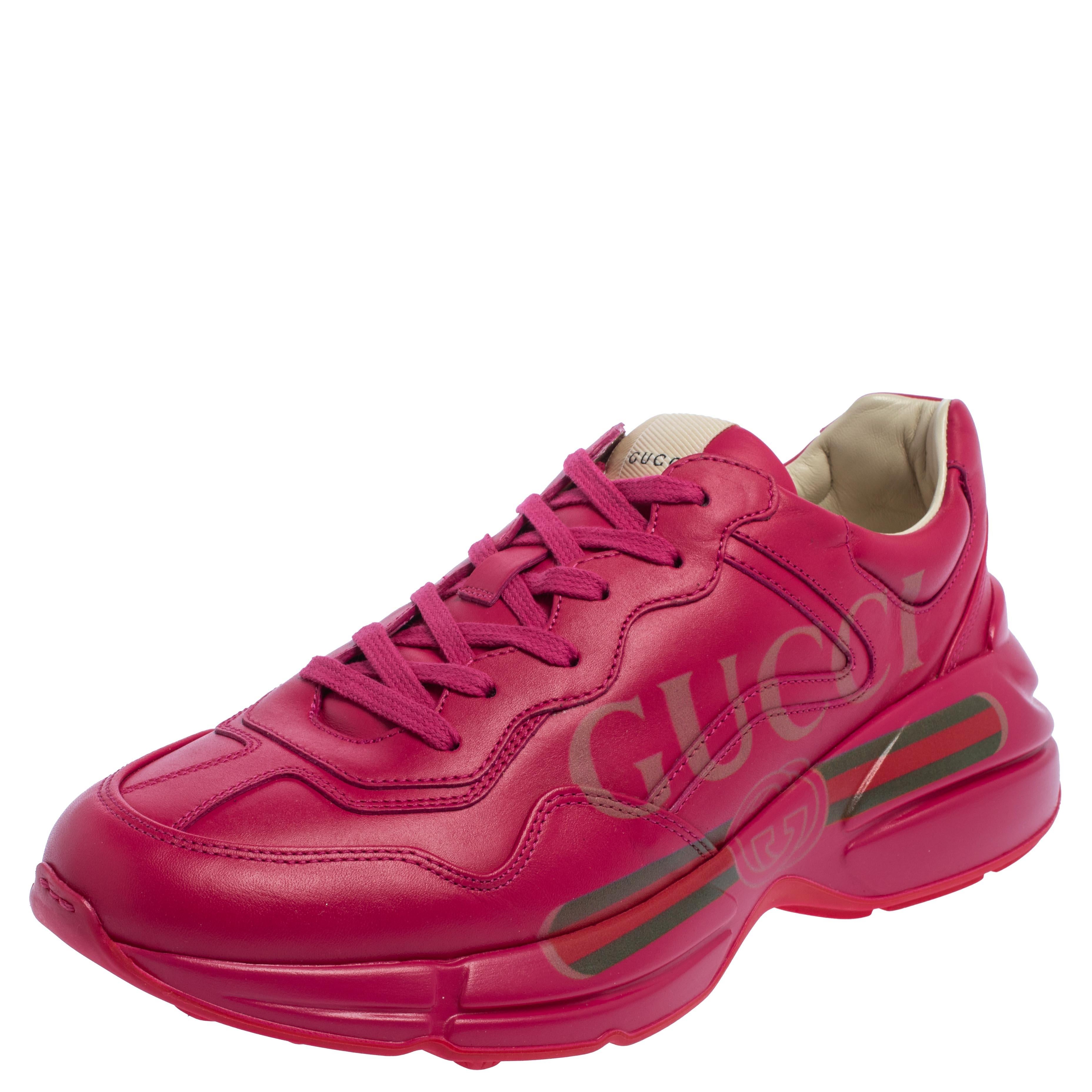 The time to feel trendy is now as Gucci brings you these superhit sneakers in eye-catching pink. They are crafted from leather, detailed with lace-ups and vintage logo on the sides, and are set on chunky soles. You are sure to receive nods of